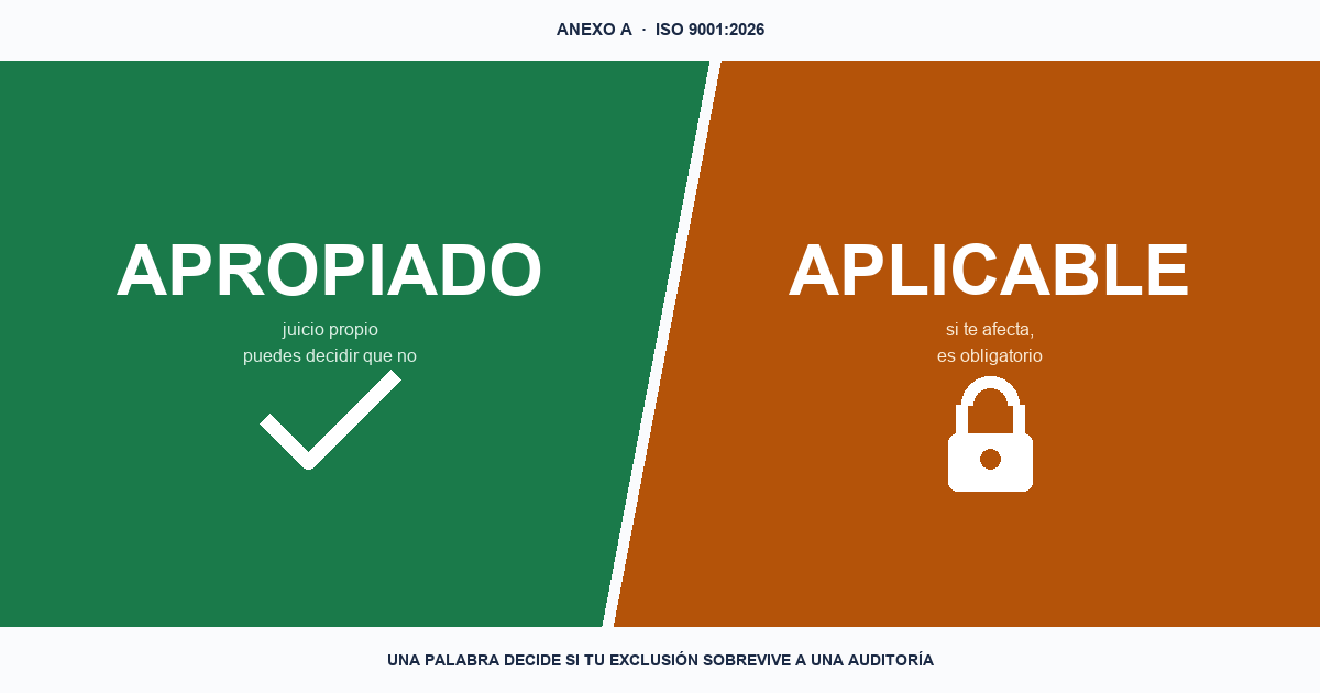 Anexo A de ISO 9001:2026: un camino se divide en dos — 'apropiado' (verde, un check, juicio propio) y 'aplicable' (ámbar, un candado cerrado, obligatorio si te afecta).