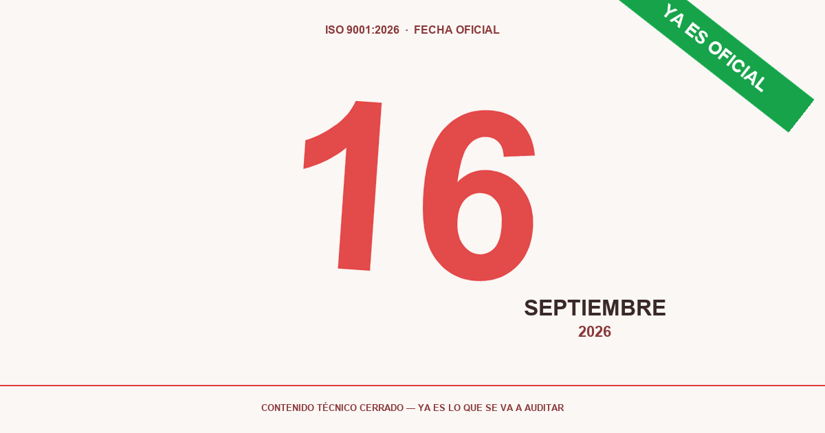 Calendario de septiembre marcando el 16, con un sello 'PUBLICADO' — ISO 9001:2026 ya es oficial.