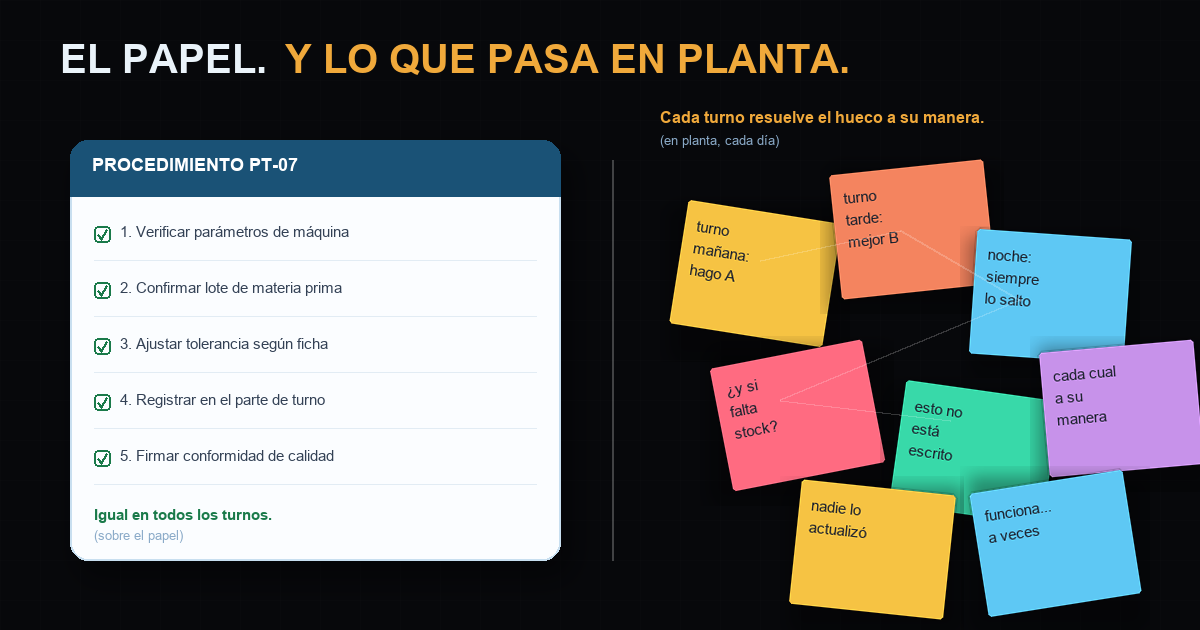 A la izquierda, un procedimiento ordenado en un documento. A la derecha, notas adhesivas caóticas representando cómo cada turno lo interpreta de forma distinta.