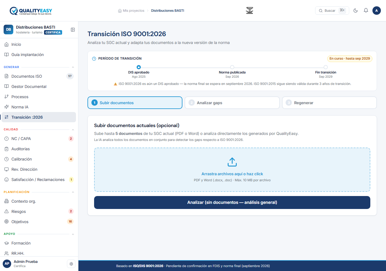 Módulo Transición ISO 9001:2026 en QualityEasy — análisis de gaps y regeneración de documentos